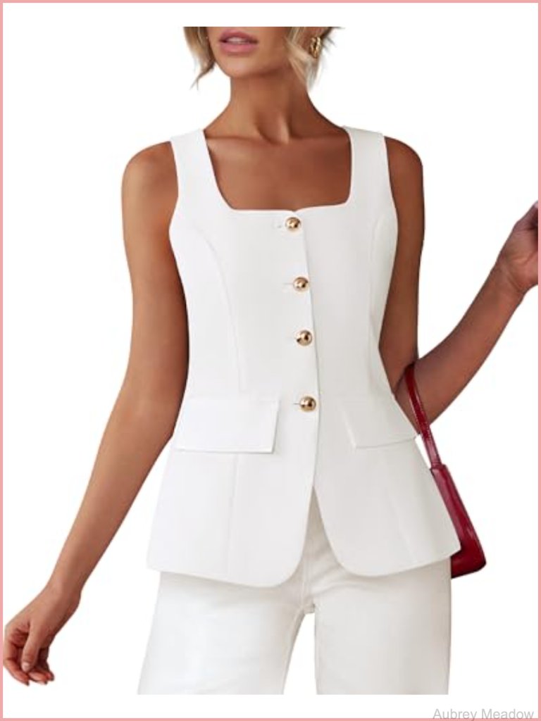 Square Neck Sleeveless Button Down Vest Blazer Office Work Waistcoat